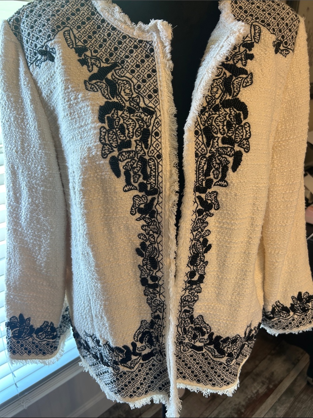 Chico's Ivory Bouclé Open-Front Cardigan with Black Embroidery